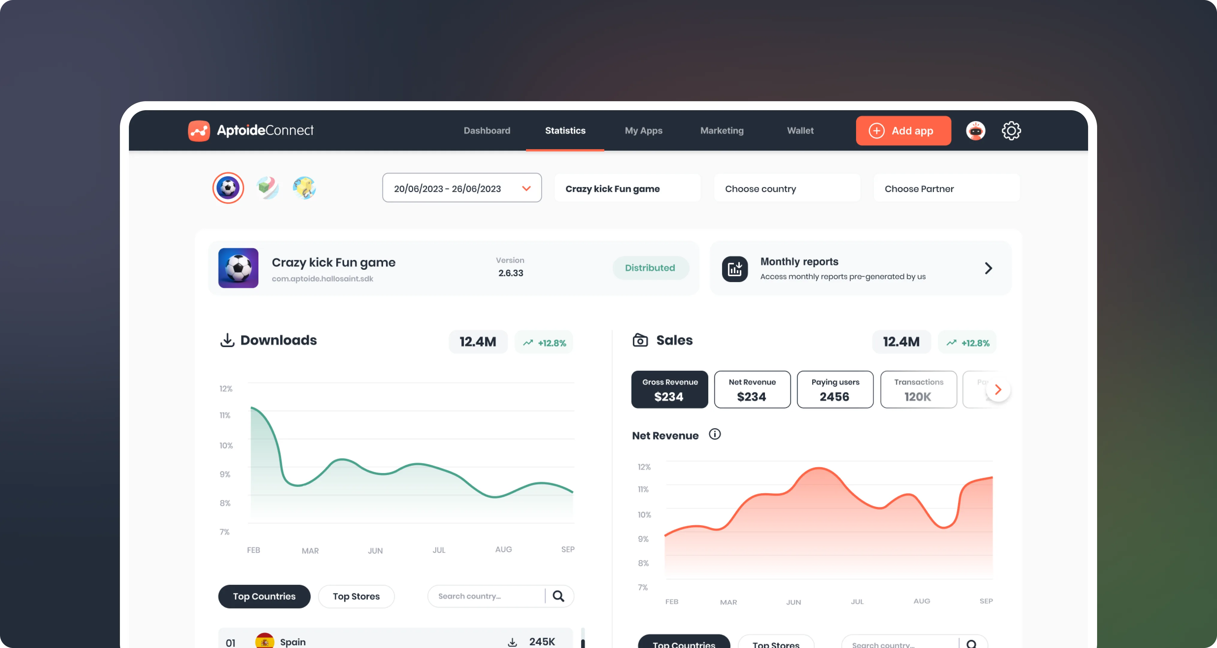 Analytics — downloads e vendas de uma app