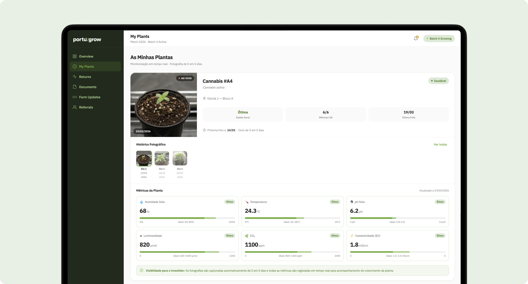Portugrow MVP — My Plants view with real-time metrics